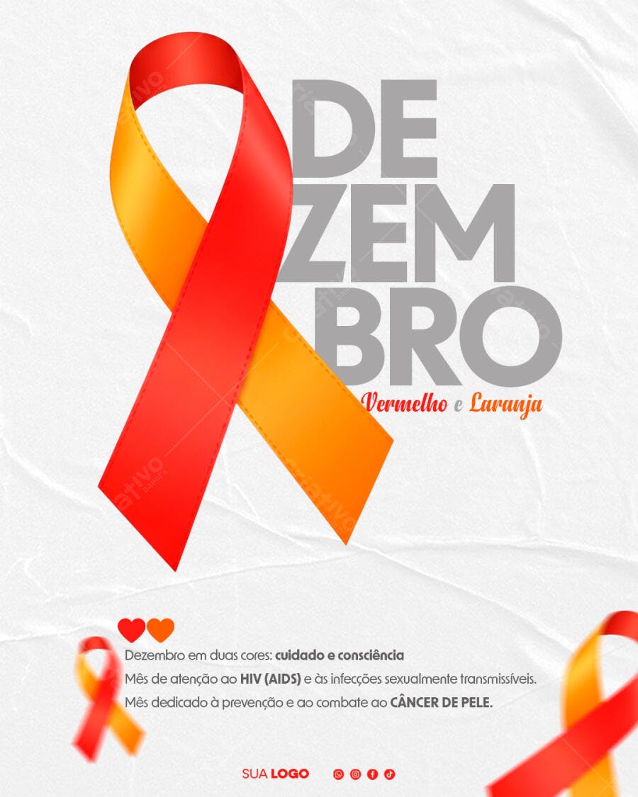Flyer Dezembro Vermelho Laranja HIV AIDS Câncer de Pele PSD Editável