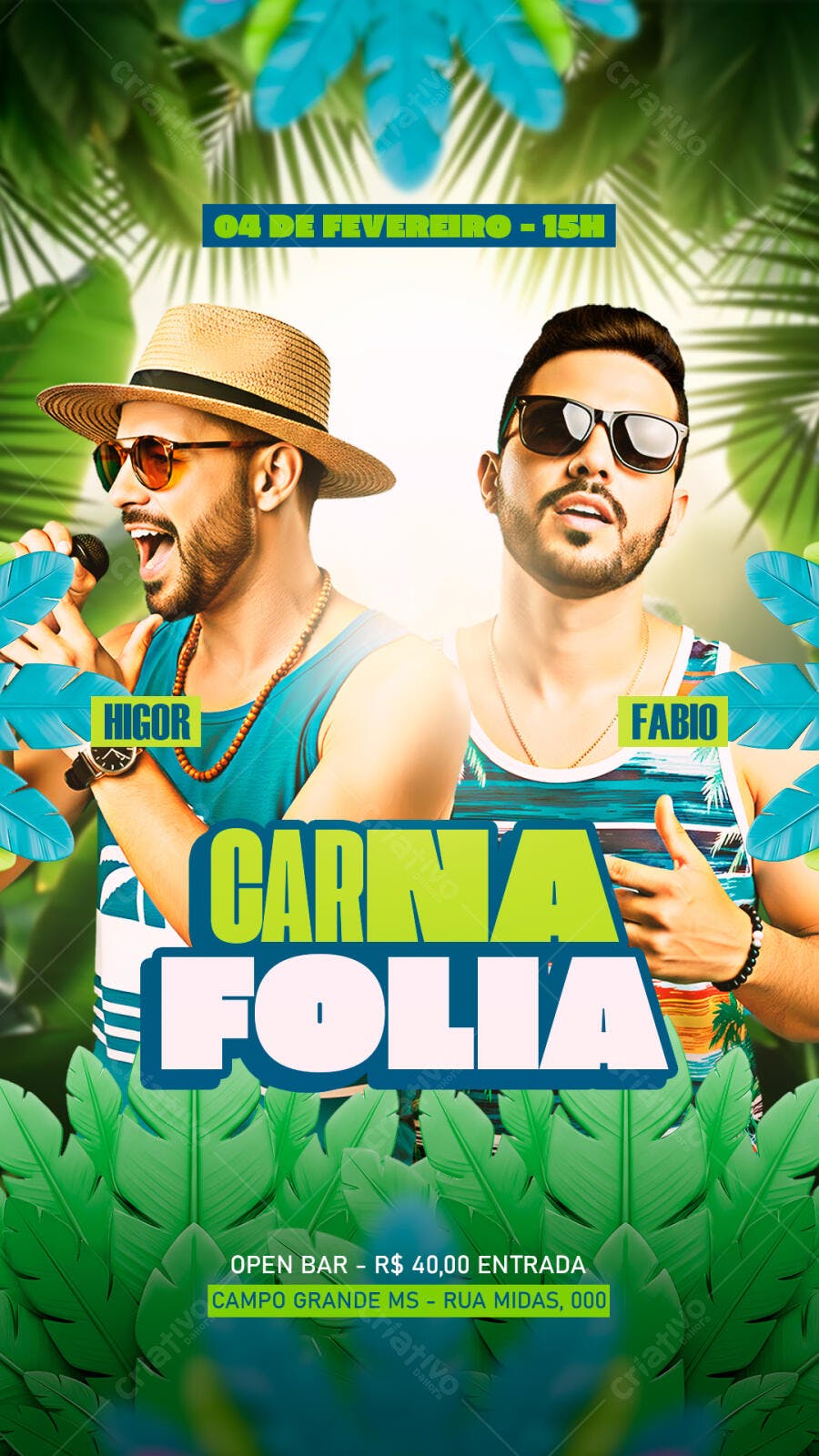 Flyer Carna Folia com Cantores em Cenário Tropical PSD Editável