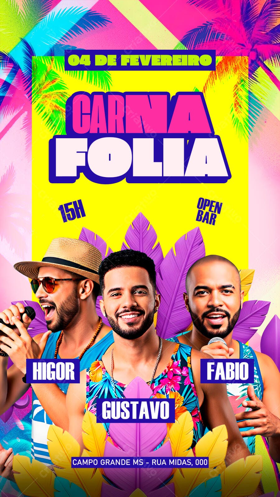 Flyer de Festa Carna Folia com Cantores e Open Bar PSD Editável