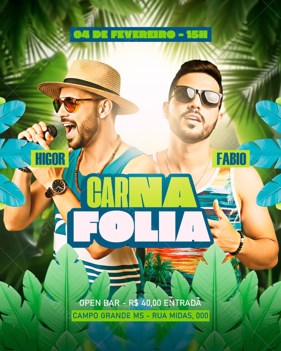 Flyer Carna Folia com Cantores e Open Bar PSD Editável