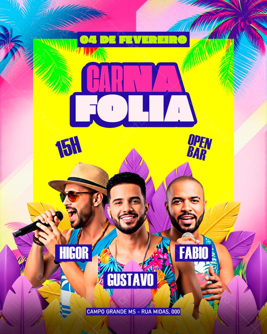 Flyer Carna Folia 04 de Fevereiro Open Bar com Higor Gustavo Fabio PSD Editável