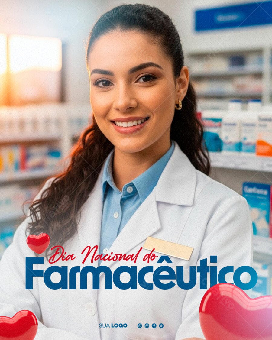 Post para Redes Sociais Dia Nacional do Farmacêutico Mulher Farmacêutica Sorrindo PSD Editável