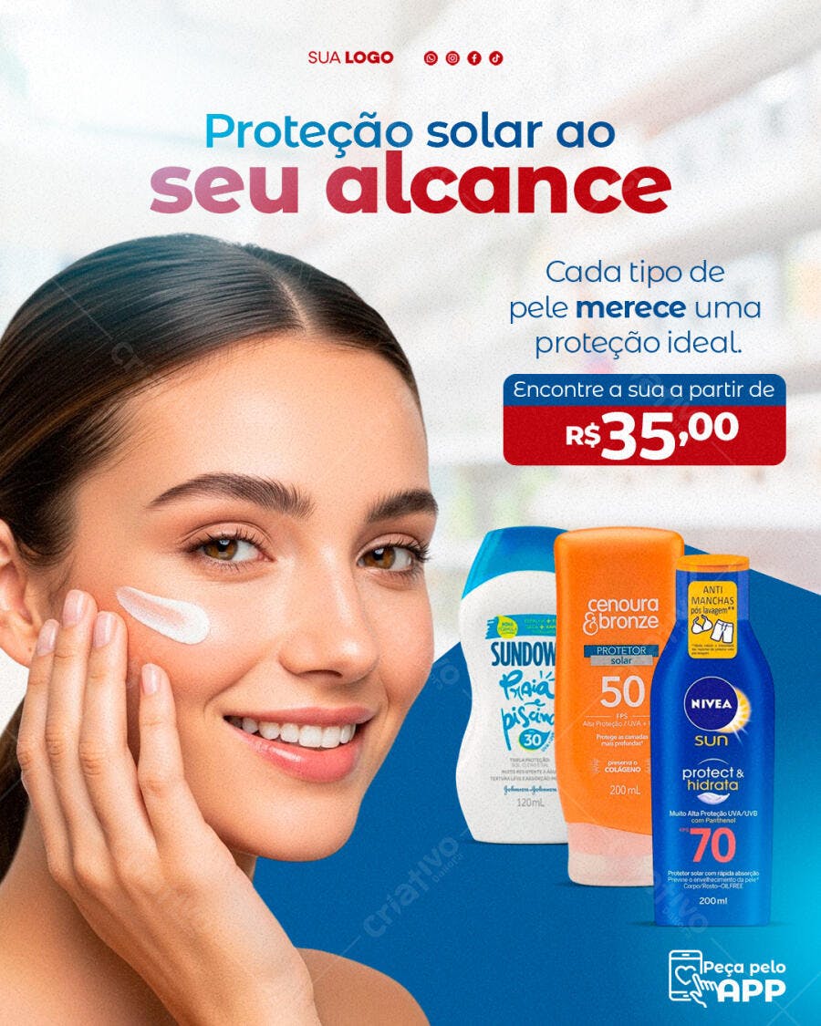 Post para Redes Sociais Proteção Solar Produtos Skincare Mulher Jovem PSD Editável