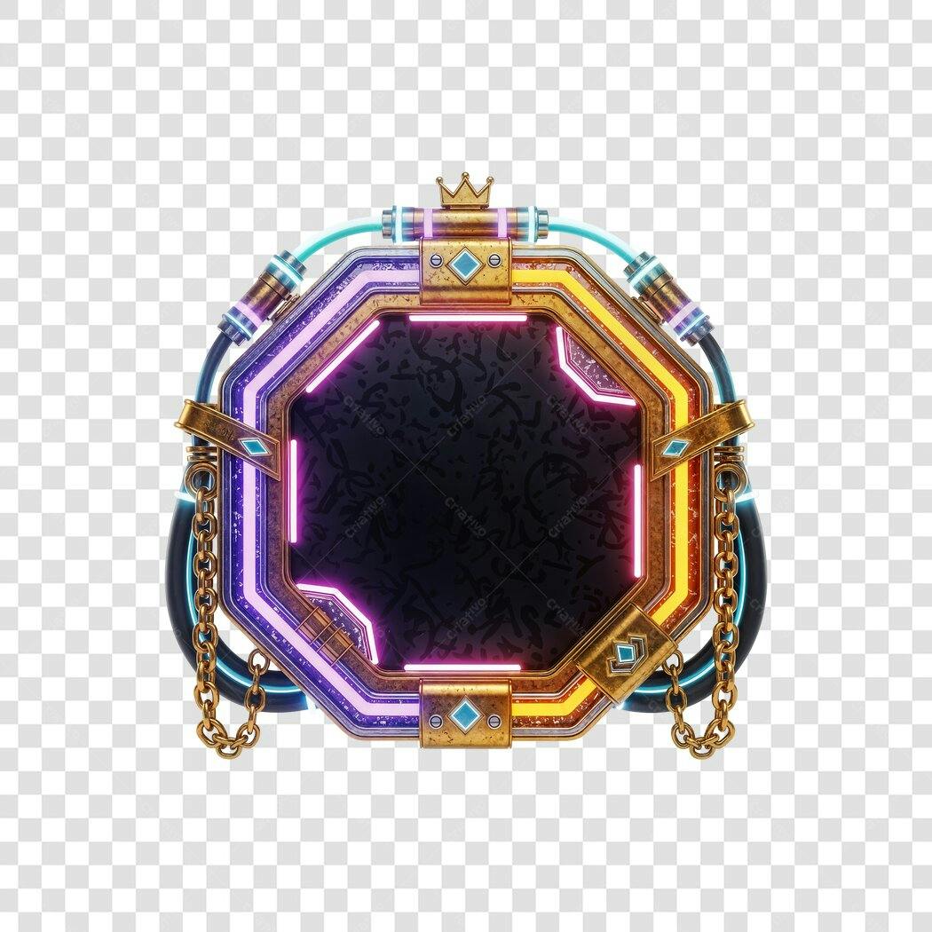 Moldura Gamer Futurista Dourada Neon Roxo com Coroa PNG com fundo transparente