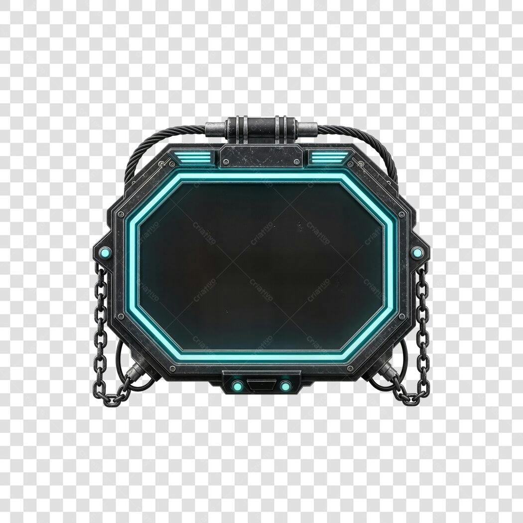 Moldura tecnológica gamer metálica com luz neon ciano PNG com fundo transparente