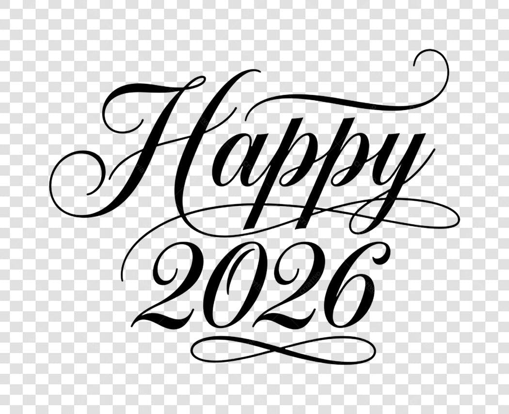 Texto Feliz Ano Novo 2026 caligráfico preto PNG com fundo transparente