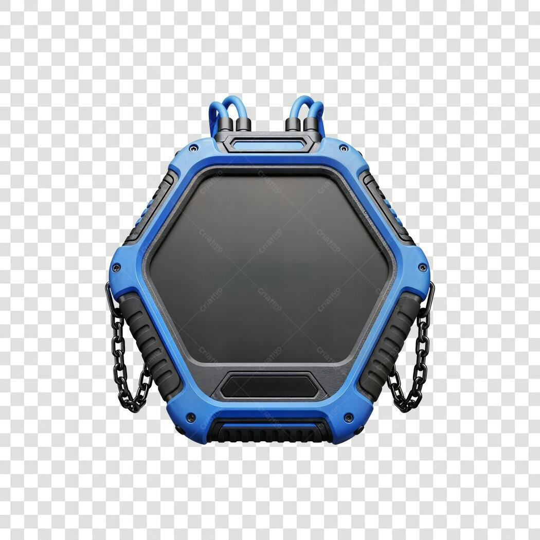 Gadget tecnológico robusto hexagonal azul e preto PNG com fundo transparente
