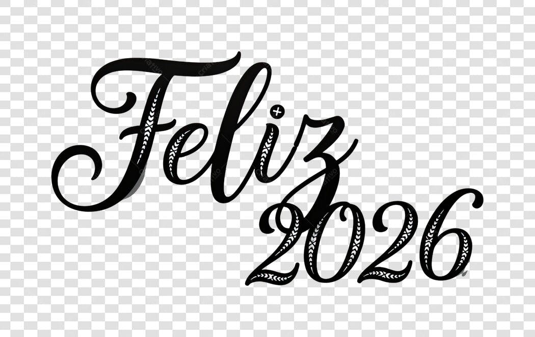 Saudação Feliz Ano Novo 2026 Letras Pretas PNG com fundo transparente