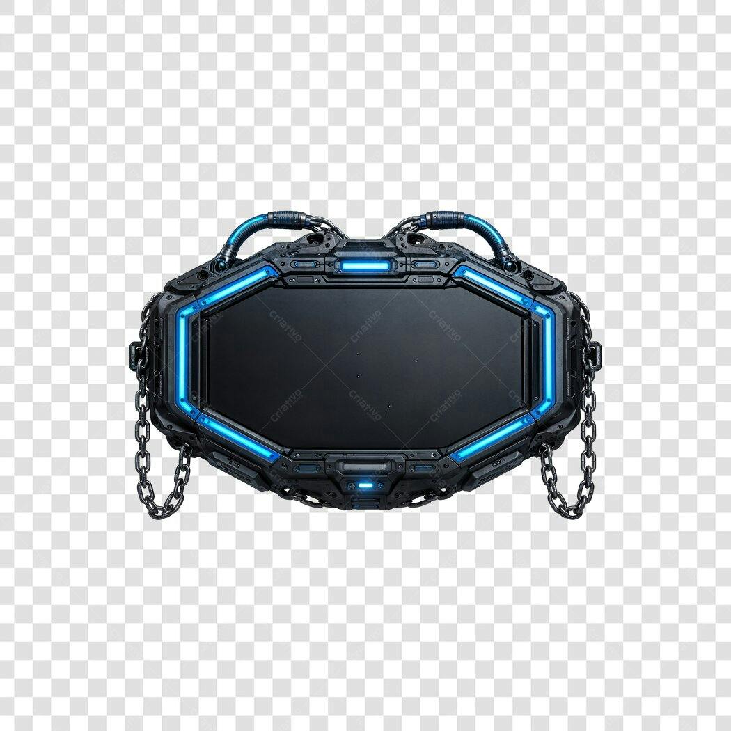 Elemento gráfico painel cyberpunk futurista com neon azul e correntes PNG com fundo transparente