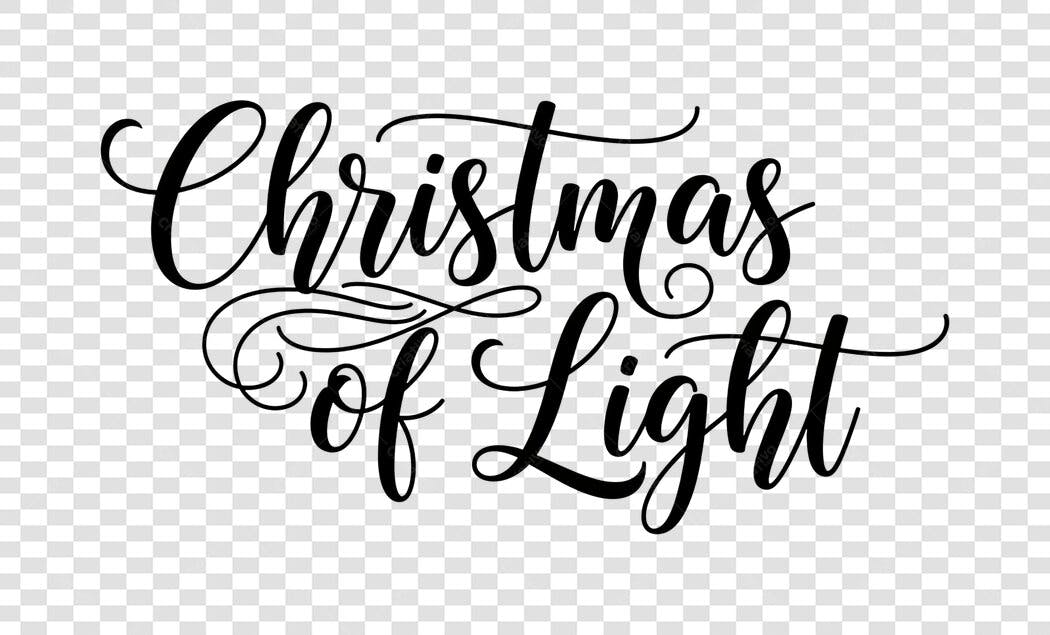 Texto decorativo caligrafia Natal Christmas of Light preto PNG com fundo transparente