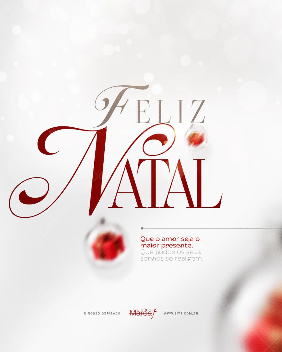 Cartão de Natal Elegante Feliz Natal com Bolas Vermelhas PSD Editável