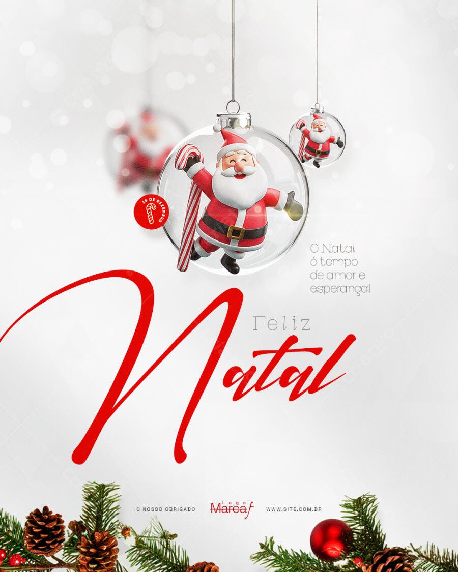 Cartão de Natal Papai Noel e Pinhas Feliz Natal PSD Editável