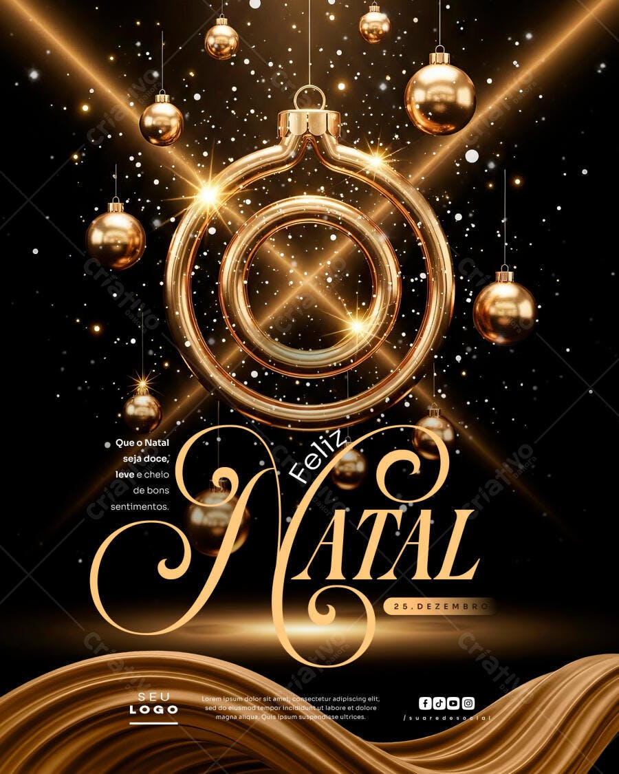 Flyer Feliz Natal Dourado Elegante com Bolas PSD Editável