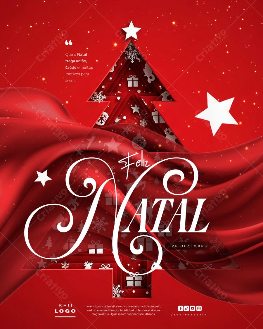 Flyer de Natal Vermelho Árvore 3D Estrelas Brancas PSD Editável