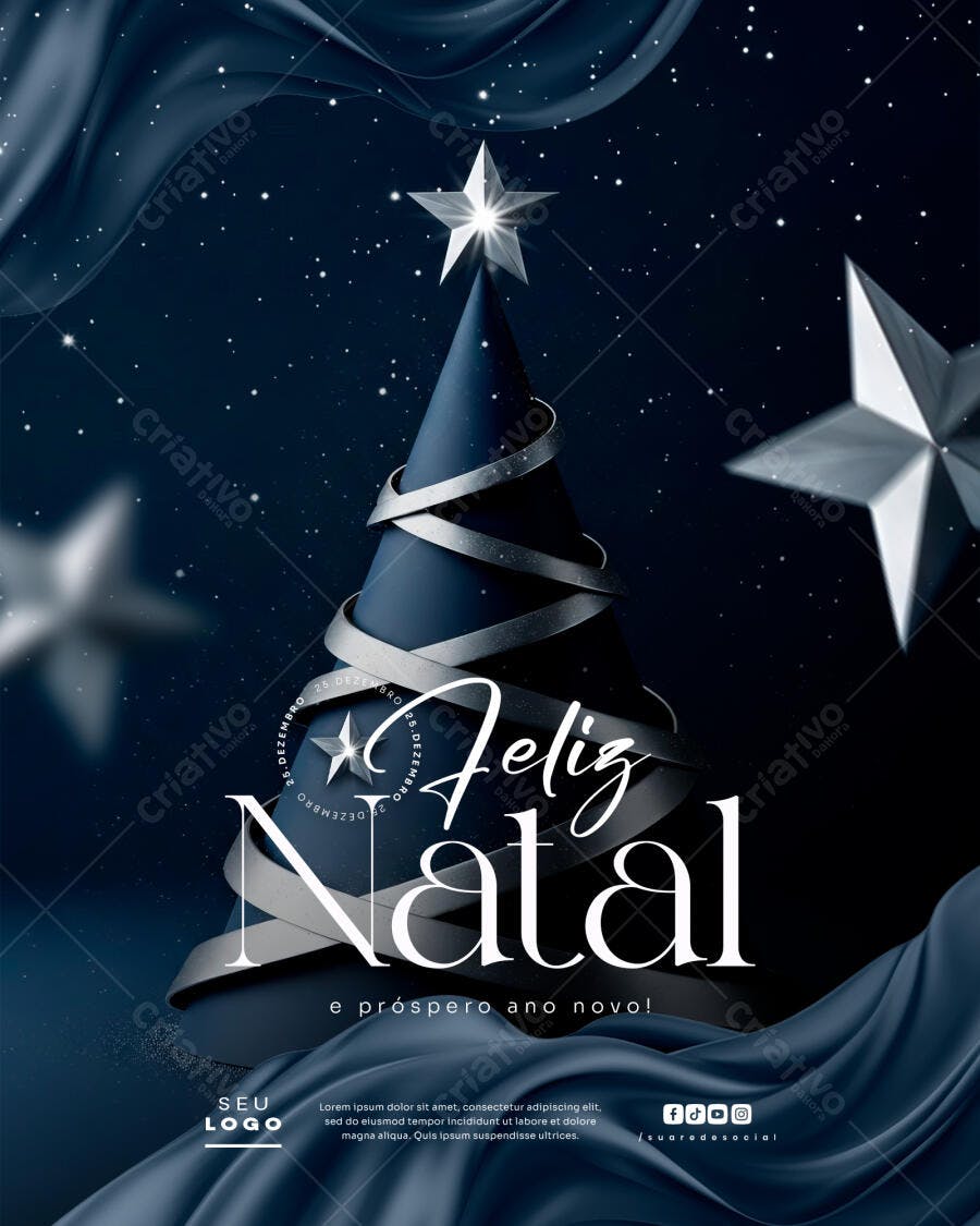 Post Digital de Boas Festas com Árvore Azul e Estrela PSD Editável
