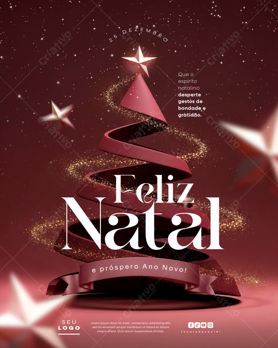 Flyer Feliz Natal e Próspero Ano Novo com Árvore Vermelha PSD Editável
