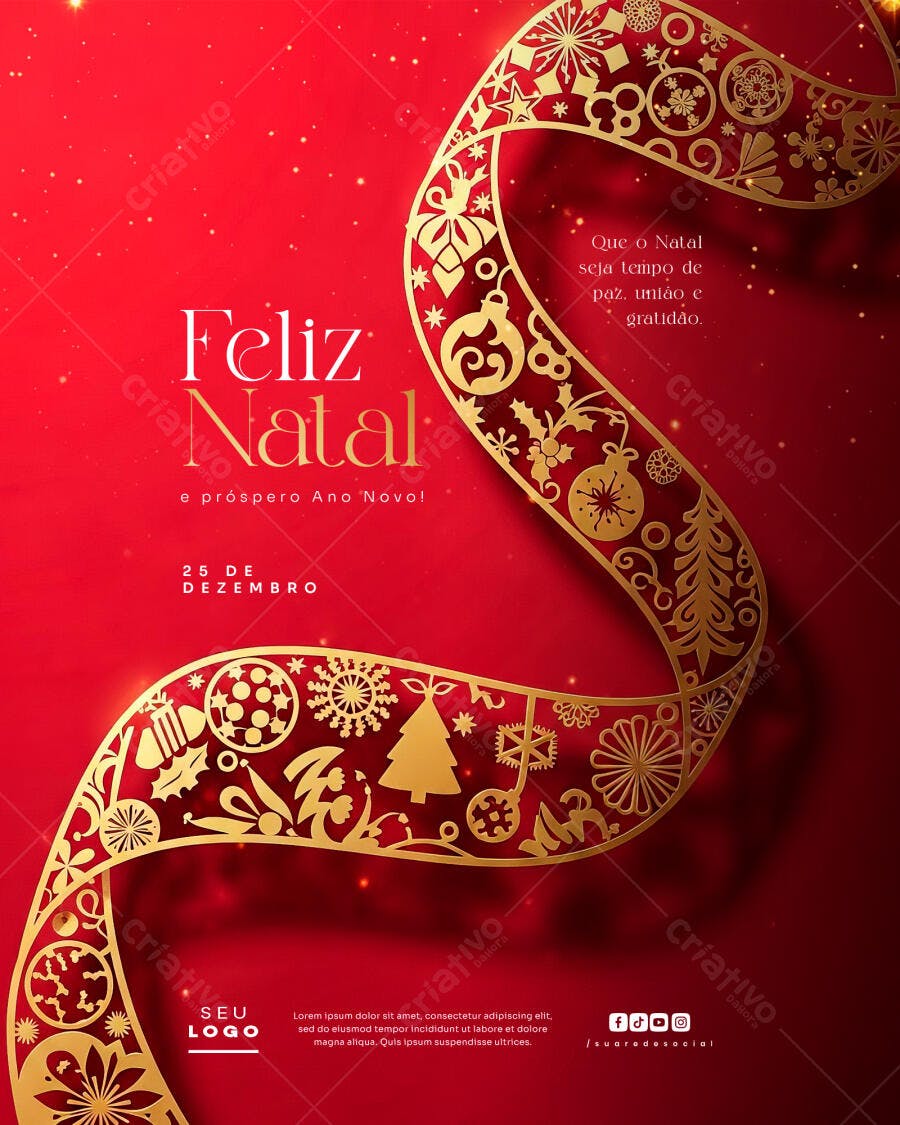 Flyer Feliz Natal e Próspero Ano Novo Vermelho Dourado PSD Editável