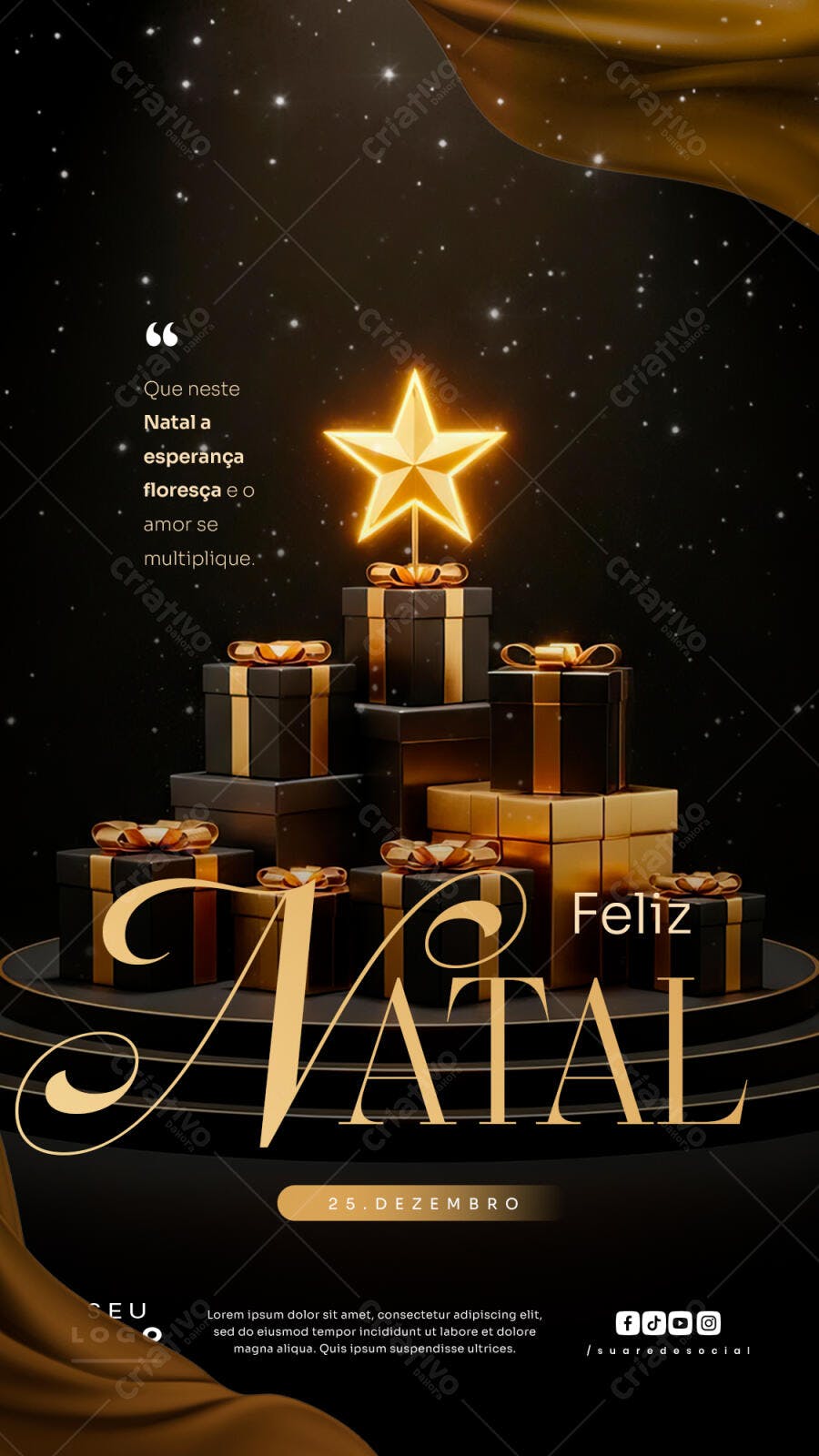 Flyer Vertical Natal Elegante Estrela e Presentes Dourados PSD Editável
