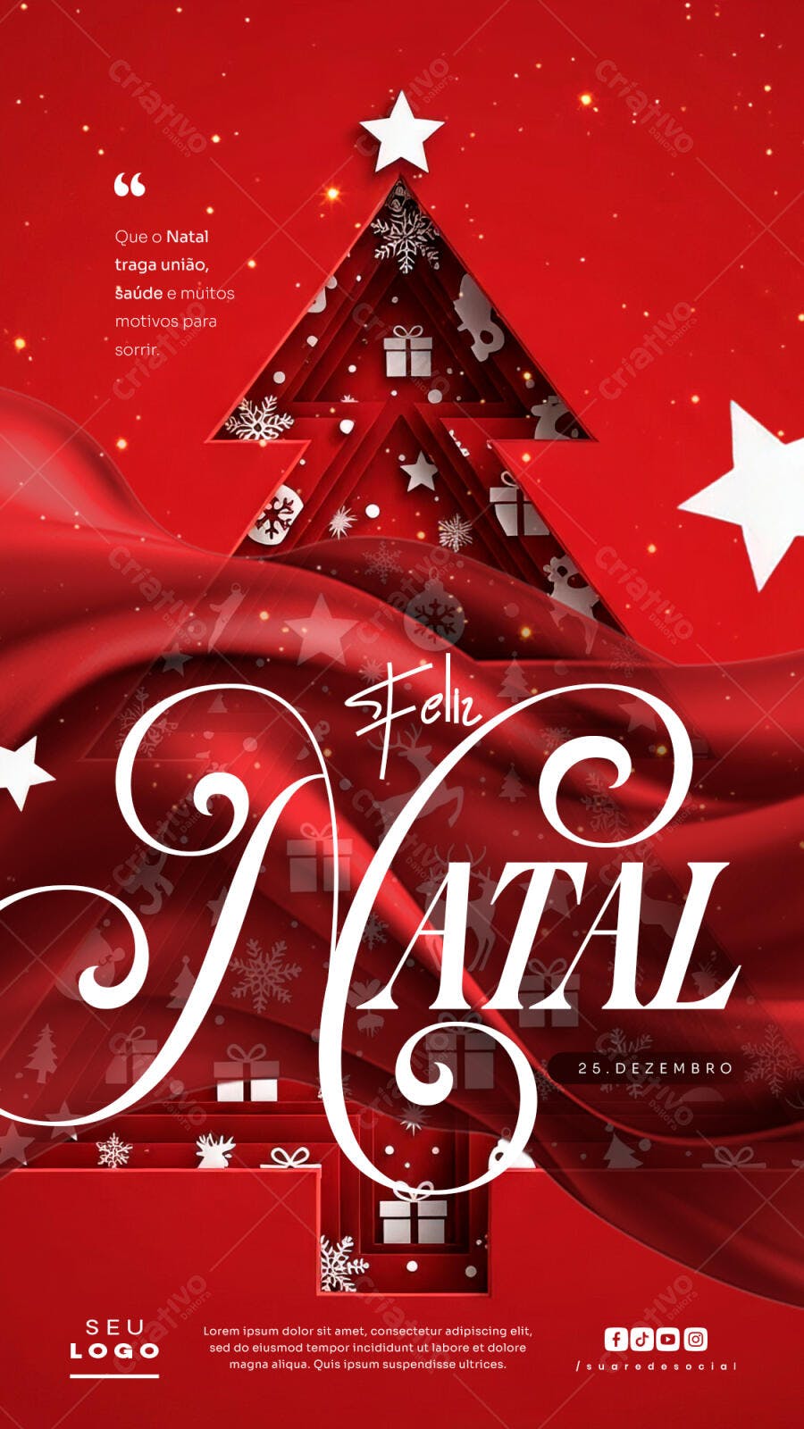 Flyer Feliz Natal Vermelho com Mensagem PSD Editável