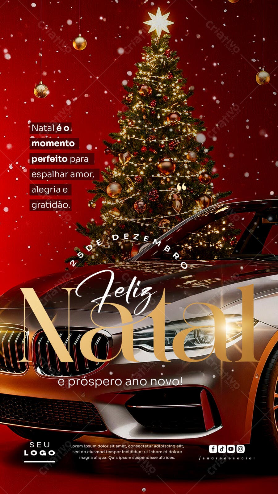 Flyer de Natal Luxuoso com Carro Vermelho PSD Editável