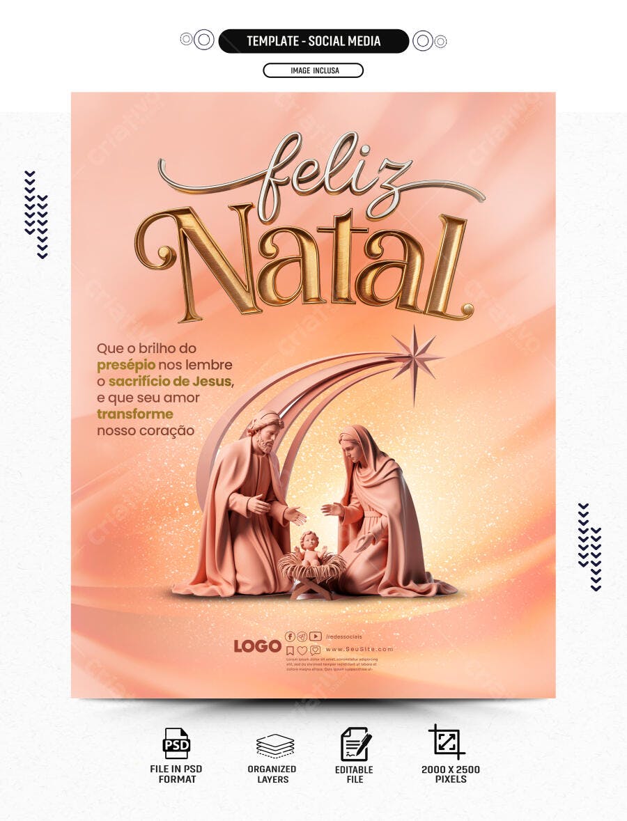 Flyer Religioso Natalino Presépio Jesus Dourado PSD Editável