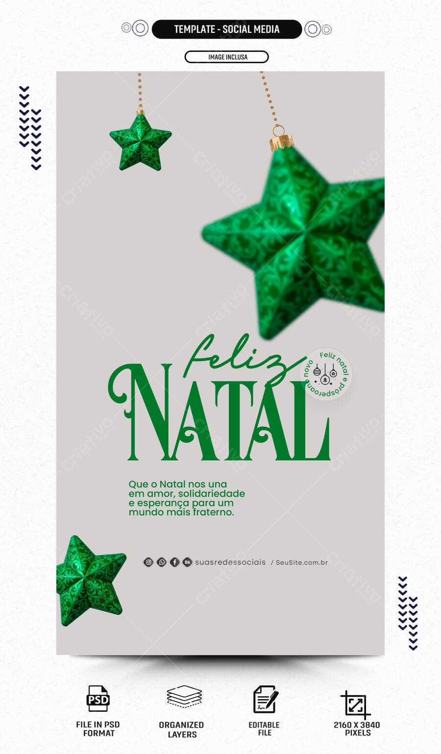Flyer Feliz Natal com Estrelas Verdes PSD Editável