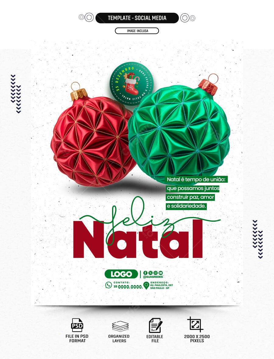 Post de Natal com Bolas Decoradas em Vermelho e Verde Psd Editável