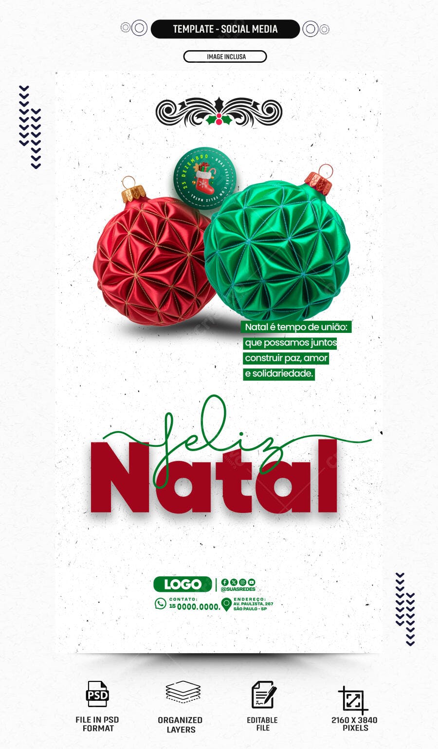 Flyer Feliz Natal Bolas Decoradas Vermelha e Verde PSD Editável