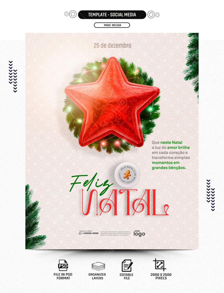 Post para Redes Sociais Feliz Natal 25 de Dezembro PSD Editável