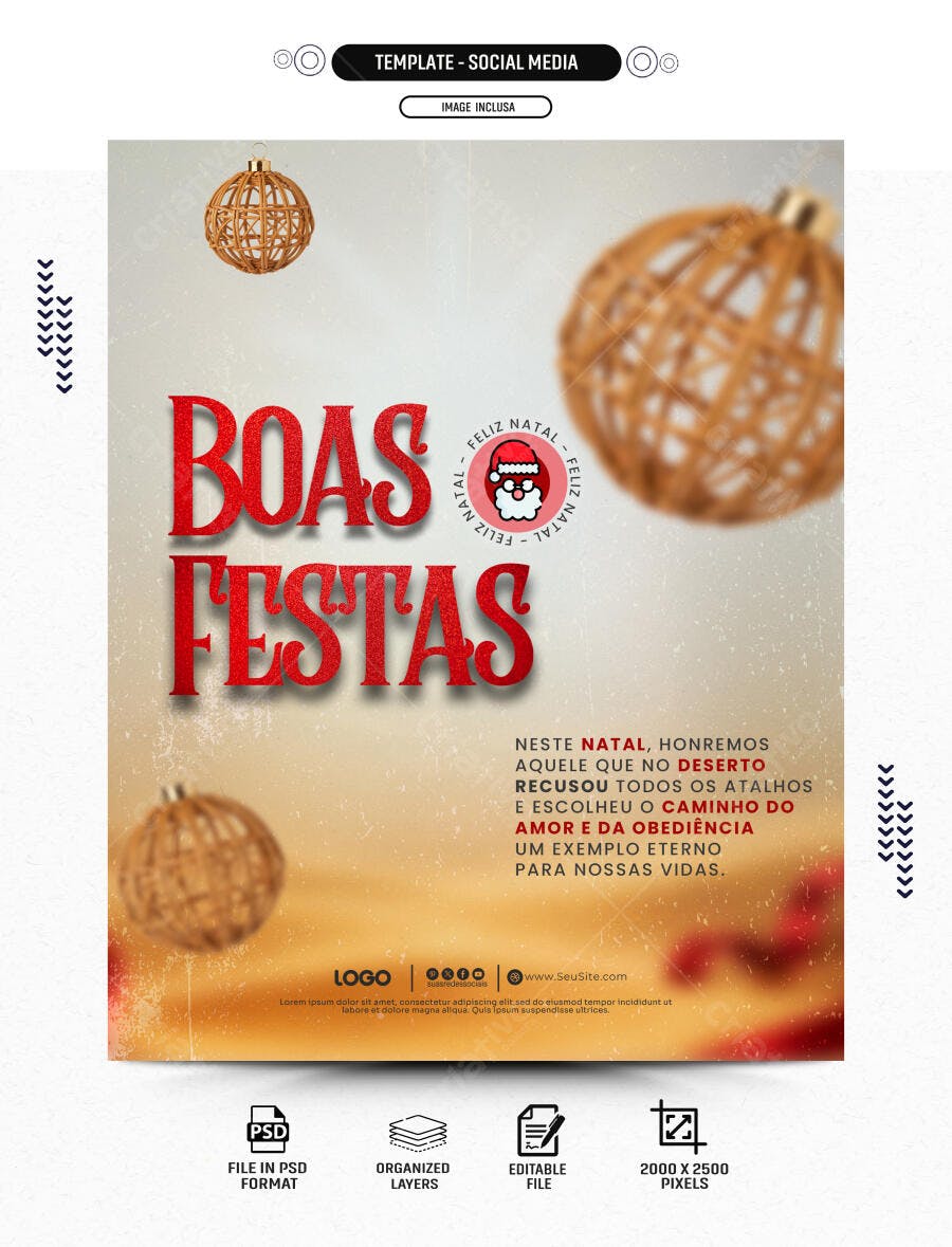 Post para Boas Festas Natalinas com Mensagem de Fé e Amor PSD Editável