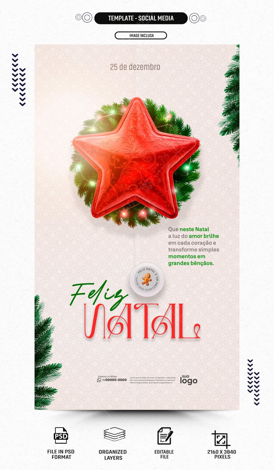 Post para Redes Sociais Feliz Natal 25 de Dezembro PSD Editável