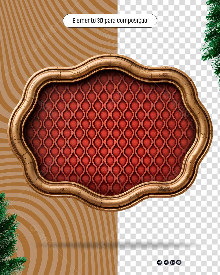 Elemento 3D Moldura Dourada Ornamentada para Natal Festivo PSD Editável