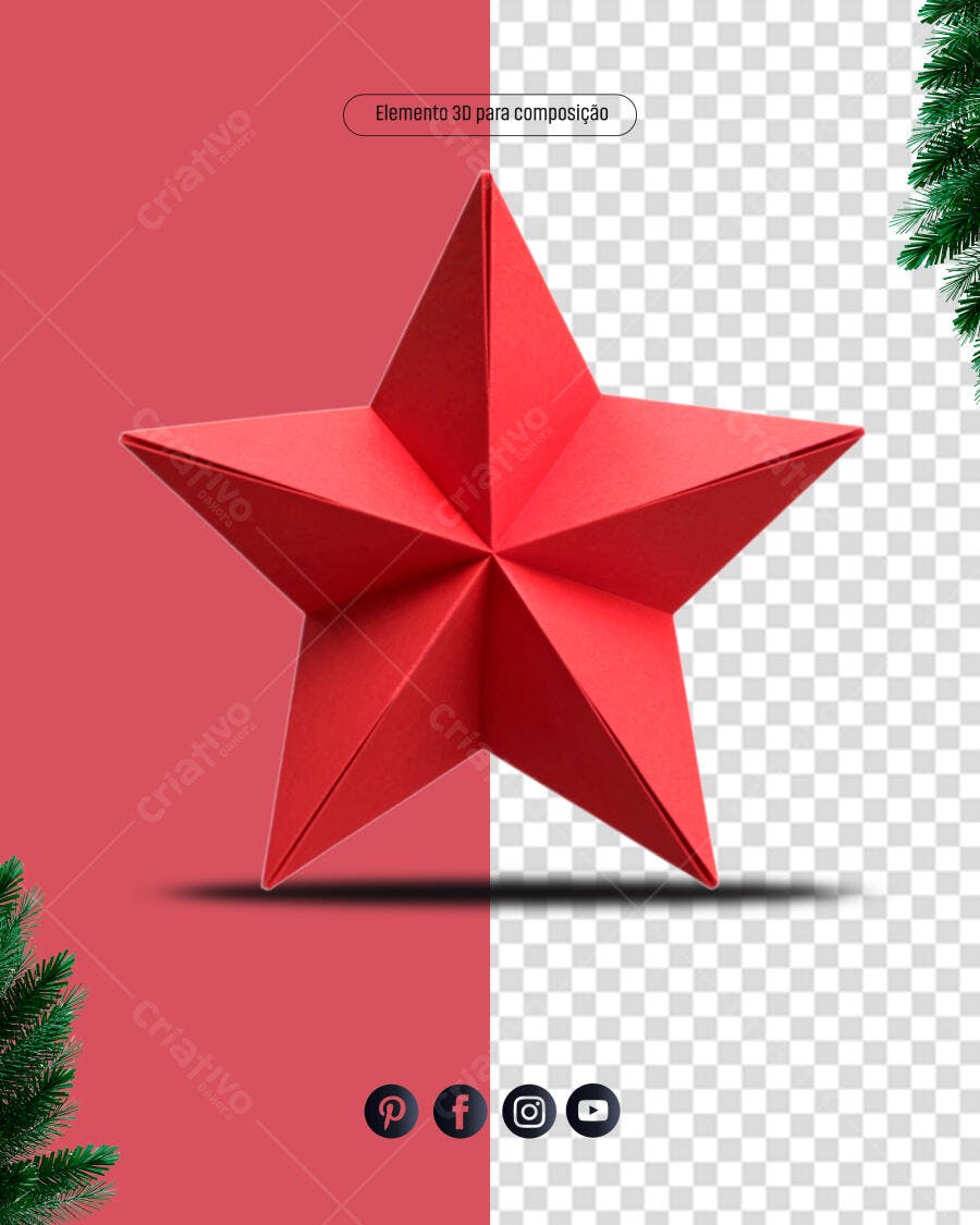Objeto 3D Estrela Vermelha para Natal Festas PSD Editável
