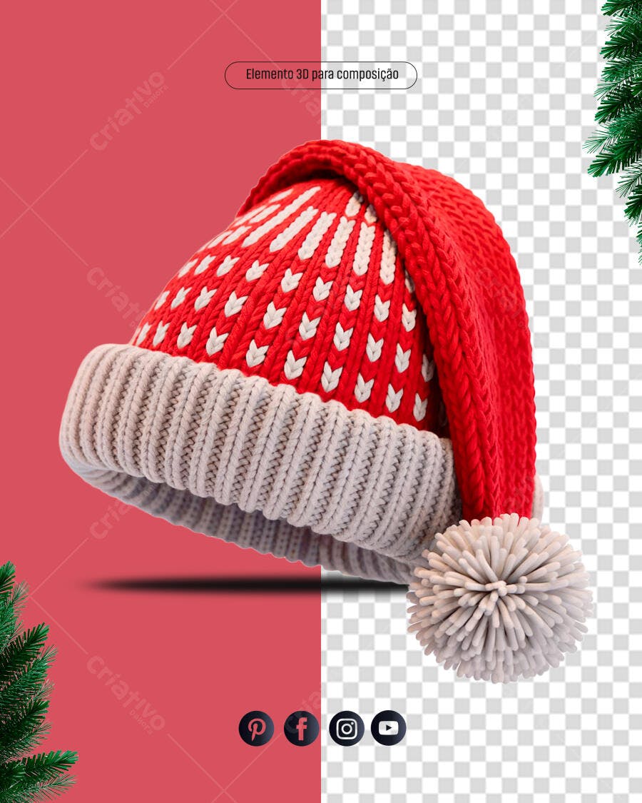Elemento 3D Gorro de Natal Tricô Vermelho para Composição PSD Editável