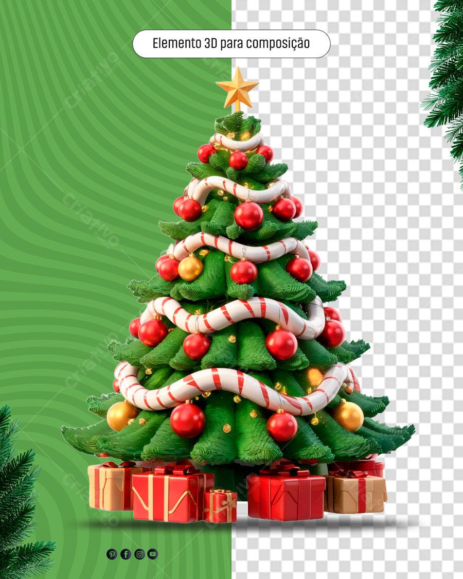 Árvore de Natal 3D Verde Vermelha e Dourada com Presentes para Festas PSD Editável