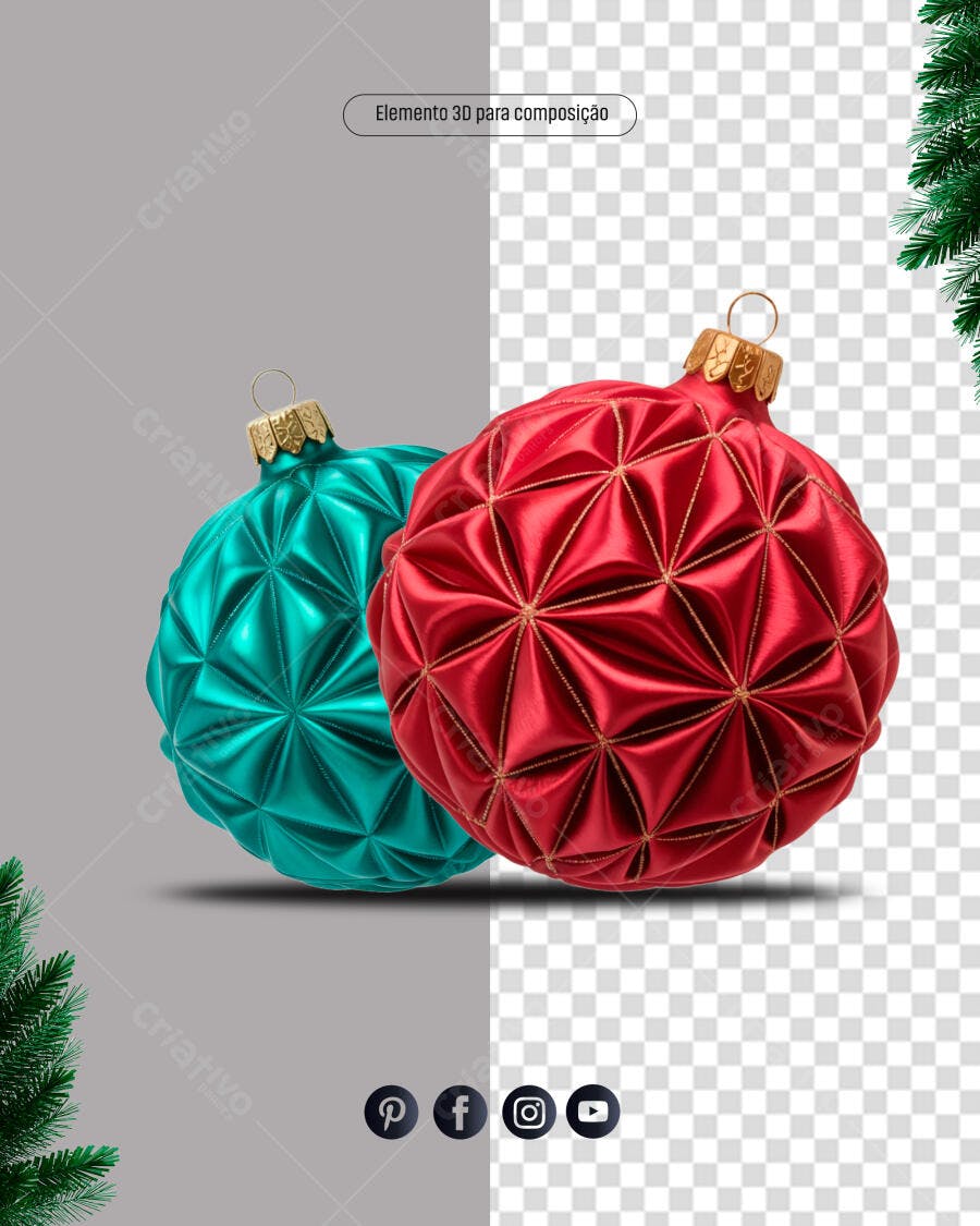 Elemento 3D Bolas de Natal Vermelha e Turquesa para Composição PSD Editável