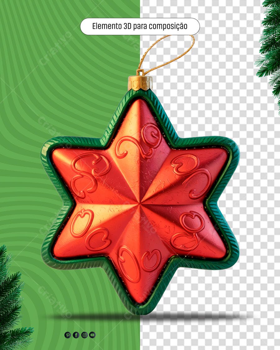 Elemento 3D Estrela de Natal Vermelha para Composição Natalina PSD Editável