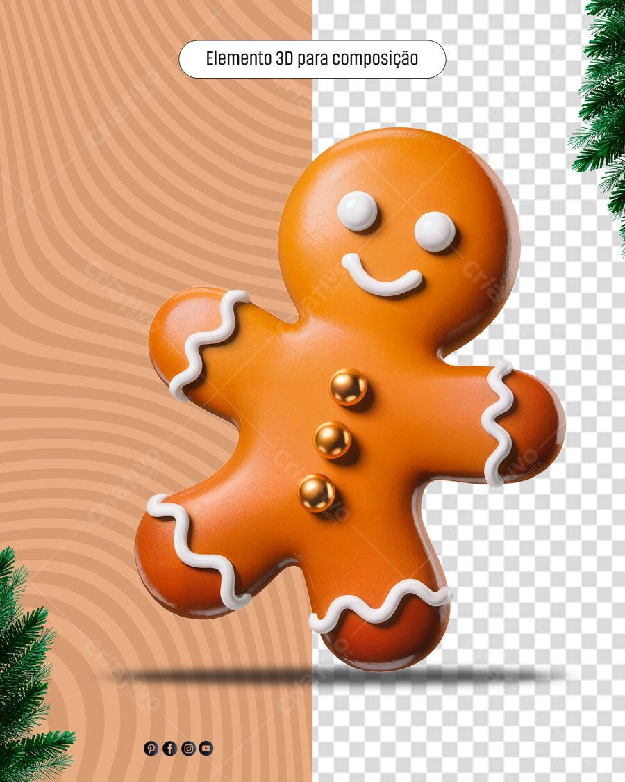 Elemento 3D Biscoito de Gengibre Natalino PSD Editável