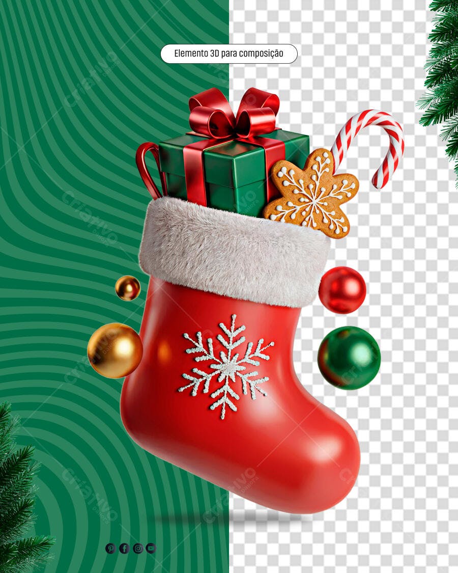 Elemento 3D Meia de Natal Vermelha Presente Biscoito e Doce PSD Editável