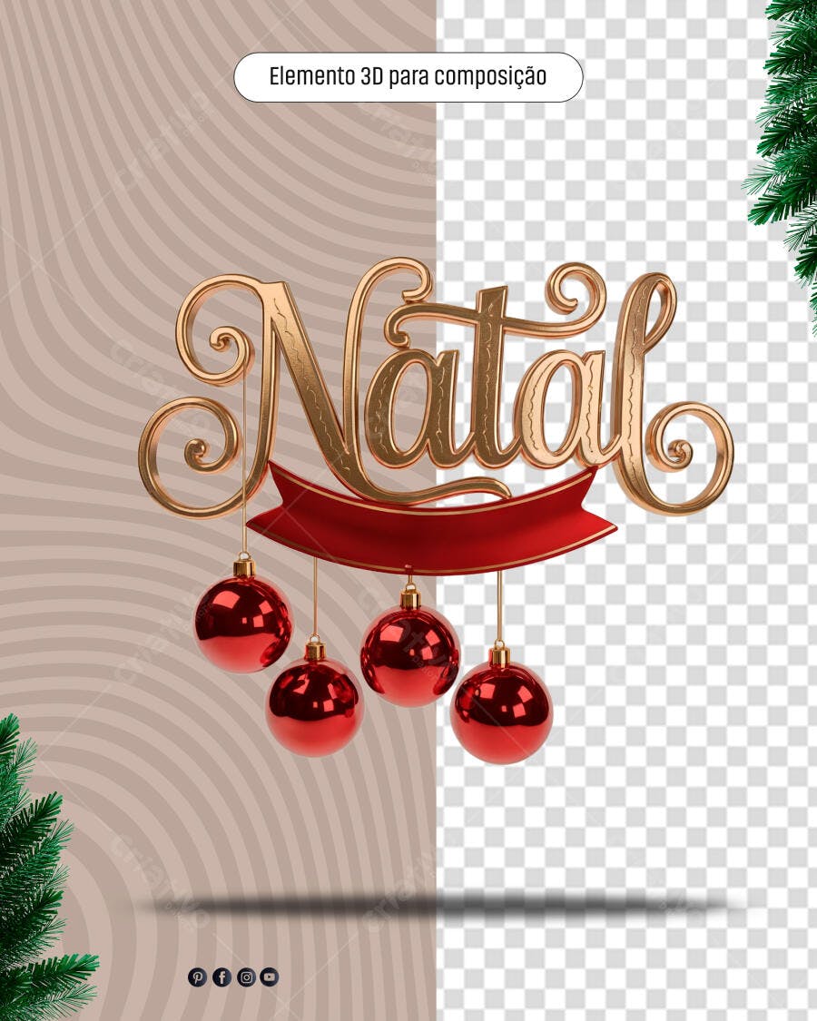 Letreiro 3D Natal Dourado com Bolas Vermelhas PSD Editável