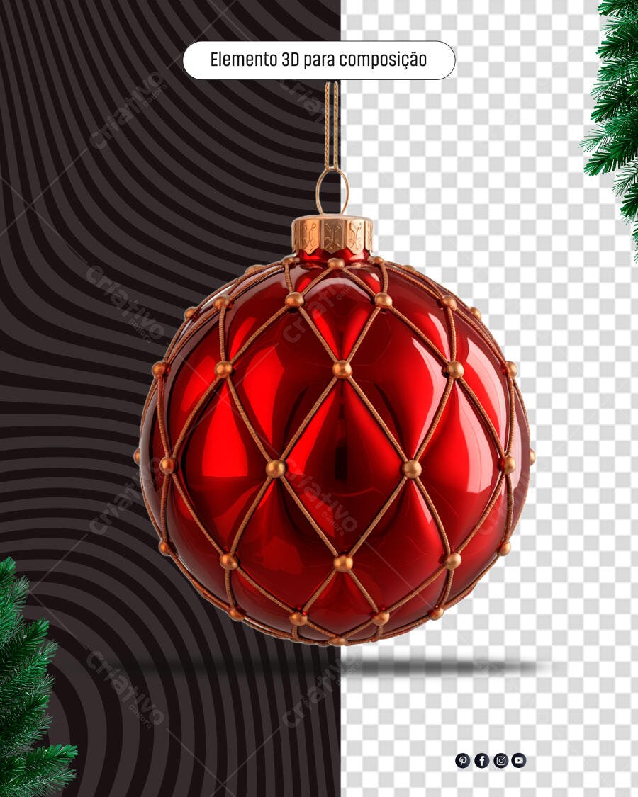 Bola de Natal Vermelha Dourada para Decoração PSD Editável
