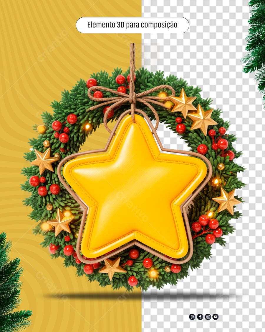 Elemento 3D Guirlanda Natalina Estrela Dourada para Festividades PSD Editável