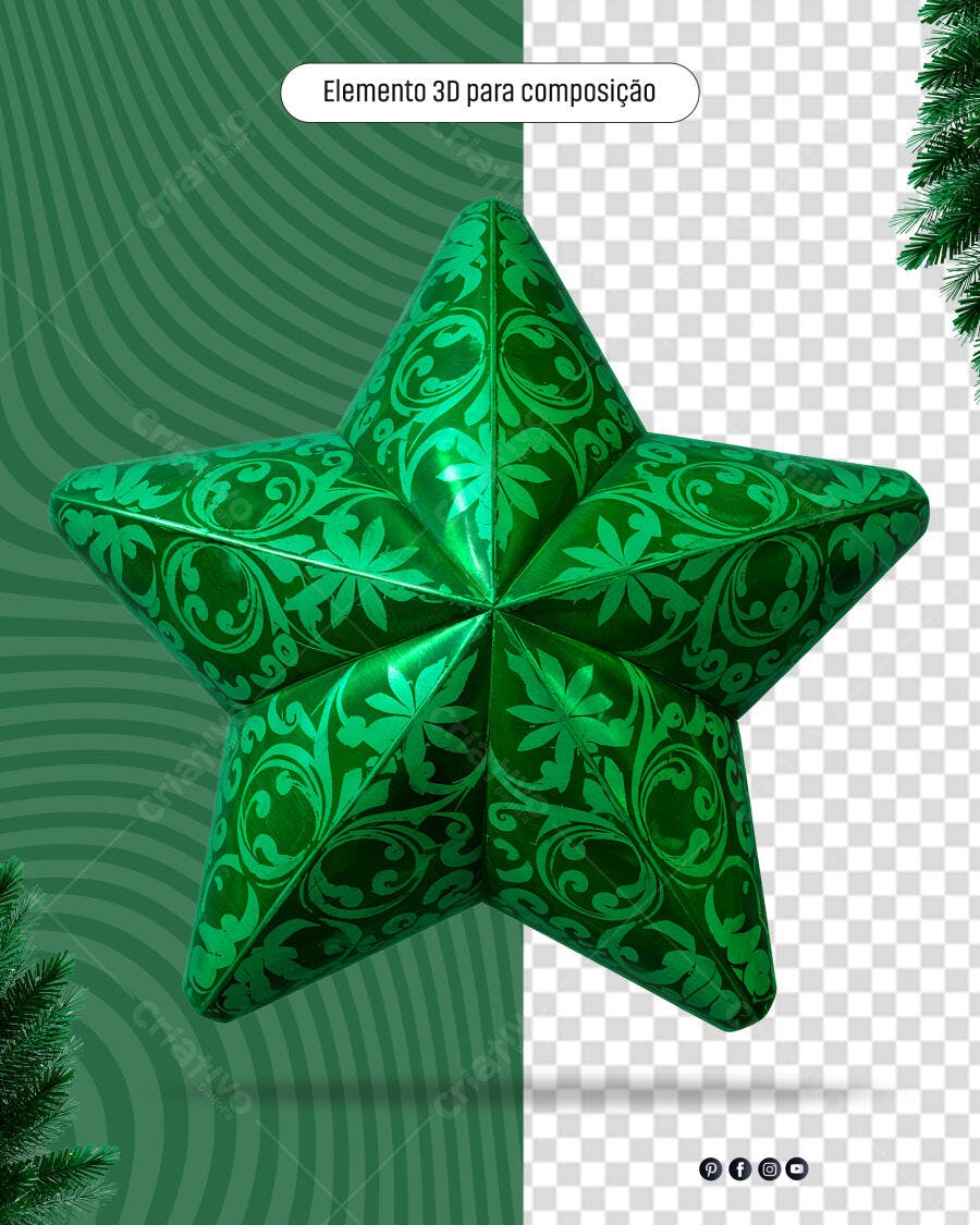Elemento 3D Estrela Verde Natalina com Padrão PSD Editável