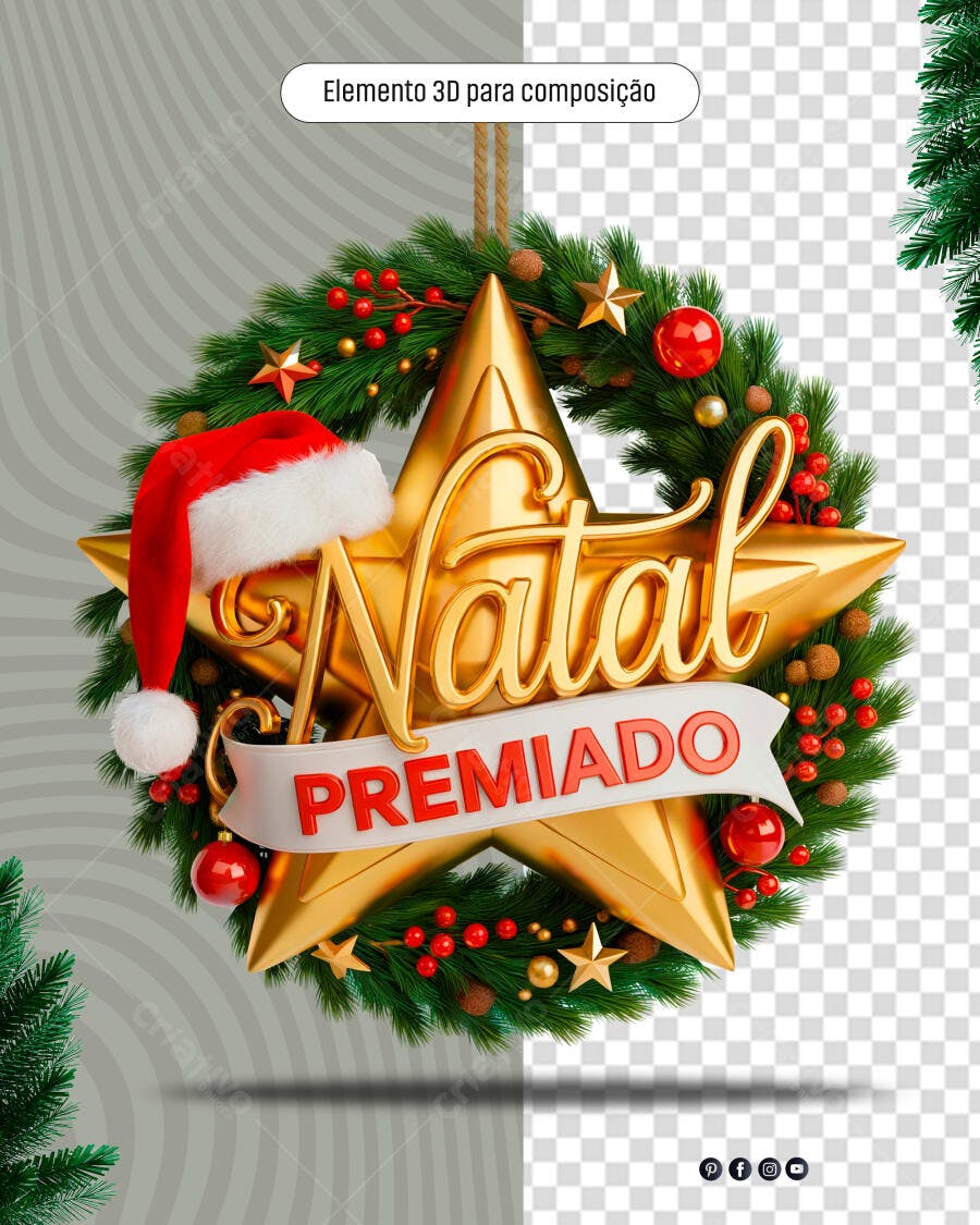 Gráfico 3D Natal Premiado Estrela Dourada e Gorro PSD Editável