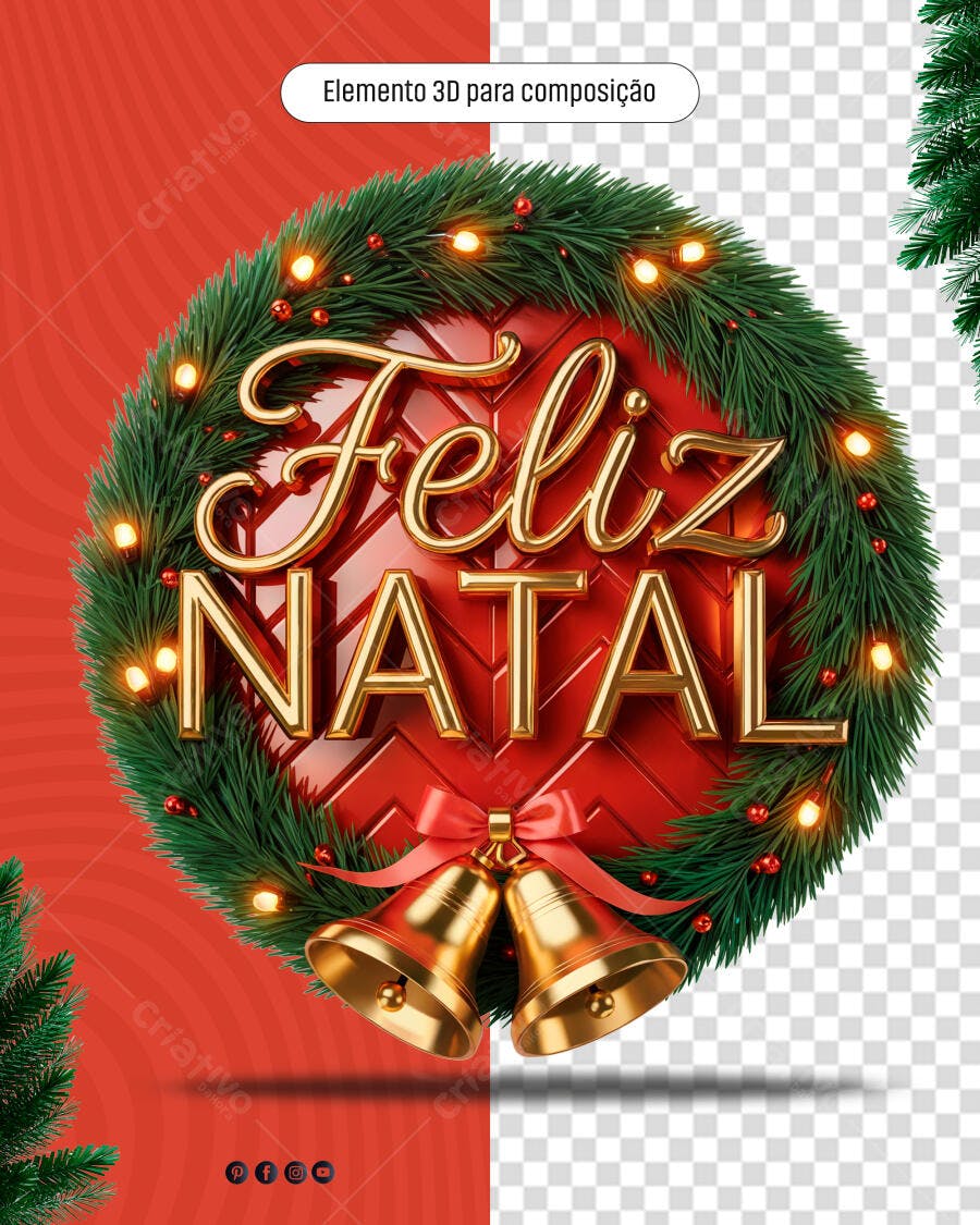 Elemento 3D Feliz Natal para Celebração Natalina PSD Editável