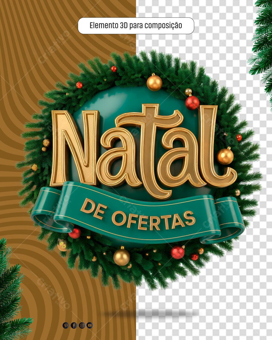 Elemento Gráfico 3D Natal de Ofertas Dourado Verde PSD Editável