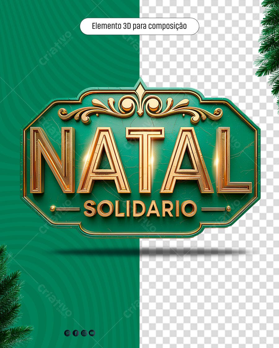 Elemento 3D Natal Solidário Dourado Verde PSD Editável