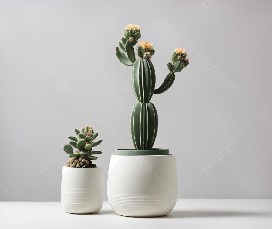 Dois cactos verdes em vasos brancos com flores amarelas em estúdio minimalista