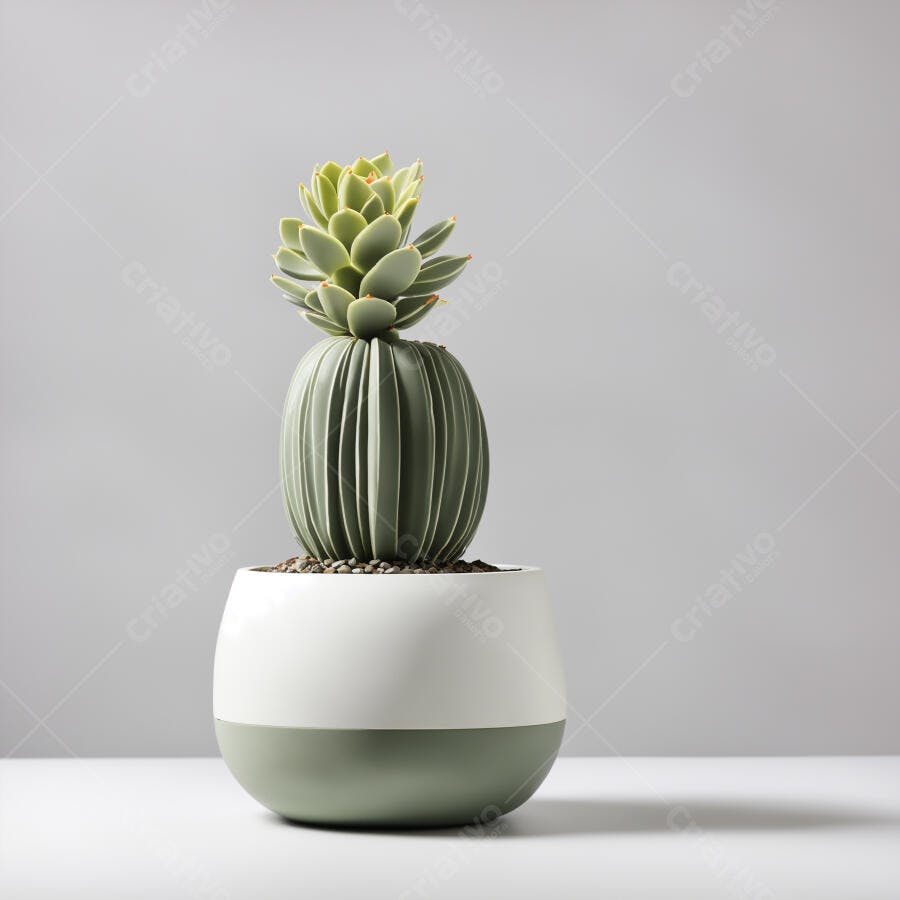 Suculenta em vaso moderno bicolor verde e branco em estúdio minimalista