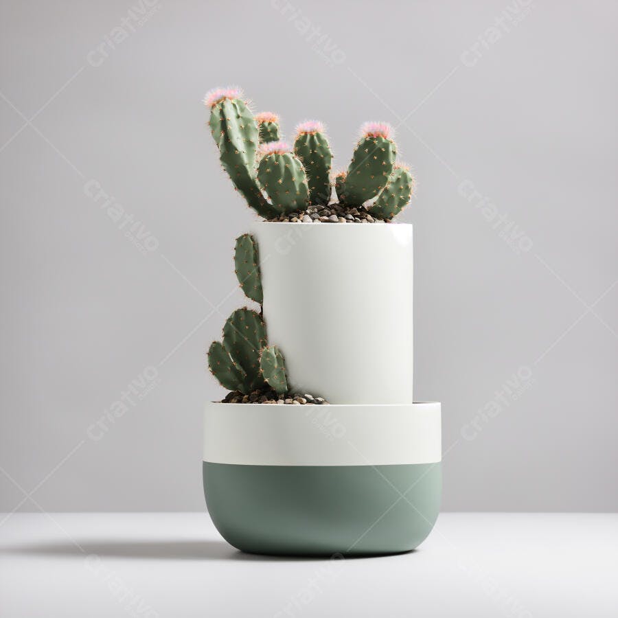 Cacto suculento com flores rosas em vaso branco e verde